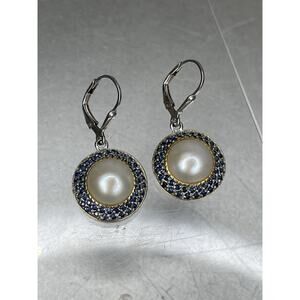 Vintage Pearl With Halo Sapphire Sterling Silver Dangle Earrings Glam